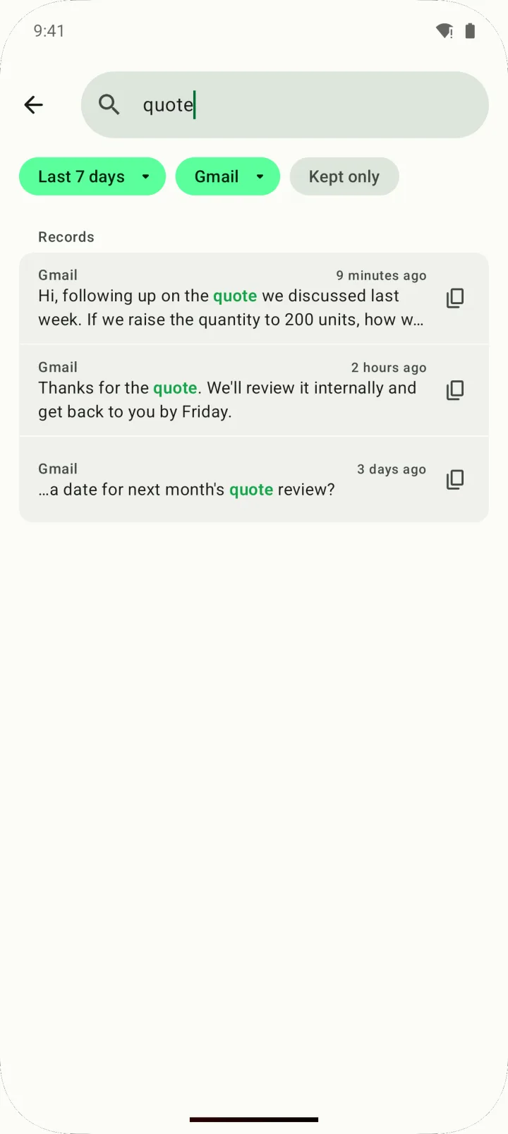 Search results for “quote”, filtered to the last 7 days and Gmail.